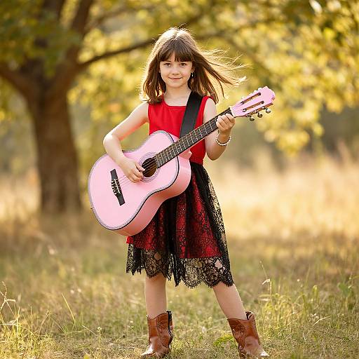 Photograph of a young girl with brown hair, wearing a red sleeveless top, black lace skirt, and brown boots, playing a pink acoustic guitar
