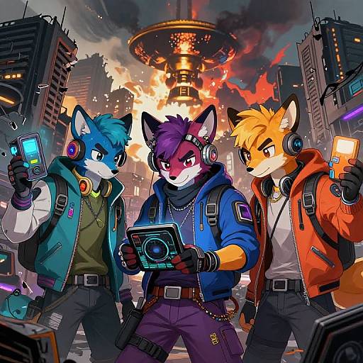 Digital artwork of three anthropomorphic foxes in futuristic cityscape, wearing headphones and colorful jackets, recording with smartphones amidst a fiery explosion.