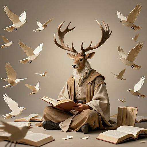 Photograph-like digital art of a deer with large antlers, wearing medieval robes, sitting cross-legged, surrounded by flying white doves and open books