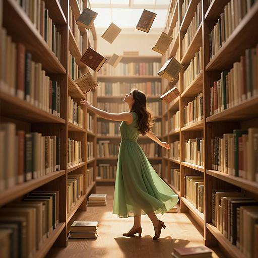 Photograph of a woman in a flowing green dress, reaching for books in a sunlit, endless library aisle with tall wooden shelves.