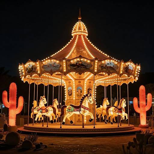 Radiant Carousel Horses at Night