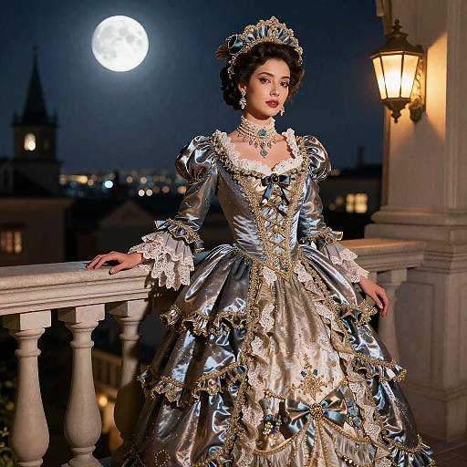 Moonlit Victorian Gown on Balcony