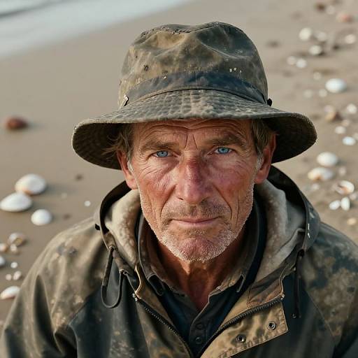 Photograph of a middle-aged man with blue eyes, wearing a camouflage bucket hat and jacket, standing on a sandy beach with scattered shells in the background