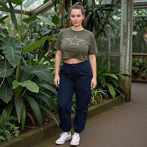 Photograph of a young woman with light skin and brown hair in a ponytail, wearing a green crop top with a star, black cargo pants,