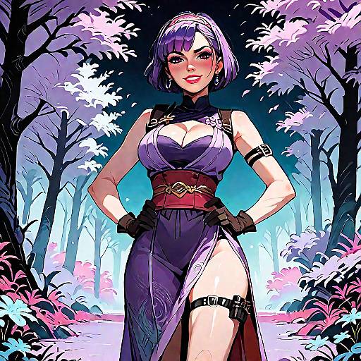 Digital anime-style drawing of a confident woman with short purple hair, wearing a revealing purple dress, black gloves, and thigh strap, standing in a glowing
