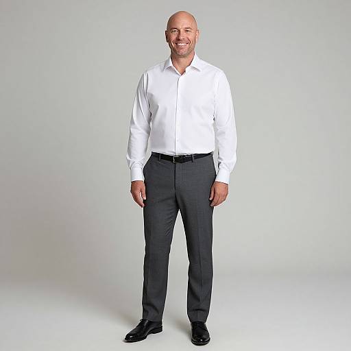 Photograph of a bald, middle-aged man with a light beard, wearing a white dress shirt, black pants, and black shoes, standing against a