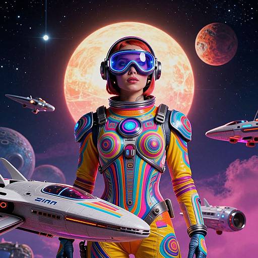 Digital art of a futuristic woman in colorful spacesuit with neon lights, helmet, and goggles, standing before a bright full moon, surrounded by spaceships