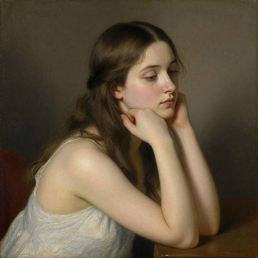 Photorealistic painting of a pale-skinned young woman with long brown hair, wearing a white lace sleeveless top, resting her head on her hands