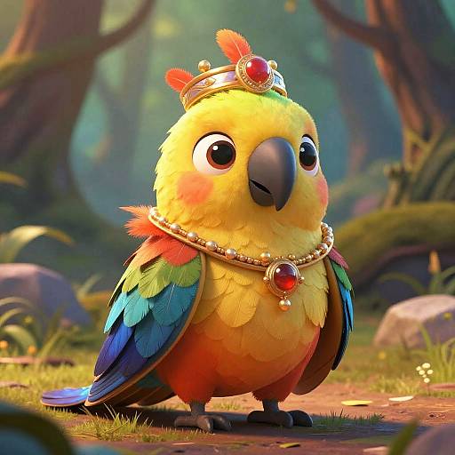 Digital illustration of a colorful parrot wearing a crown and jeweled necklace, standing in a lush, sunlit forest. The parrot has bright yellow