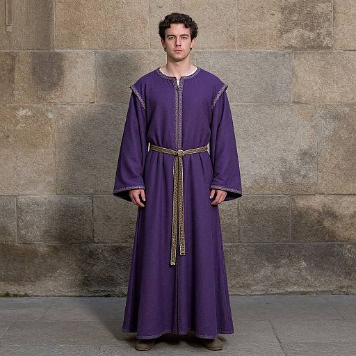 Photograph of a young man with curly brown hair, wearing a long, purple medieval-style tunic with white trim and gold belt, standing against a