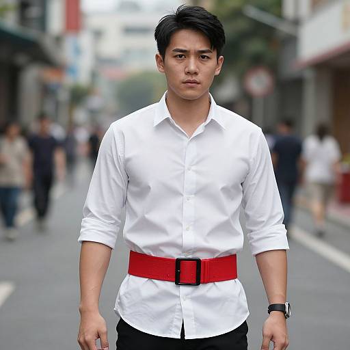 Photograph of an Asian man with short black hair, wearing a white shirt, red belt, black pants, standing on a busy urban street. Bl