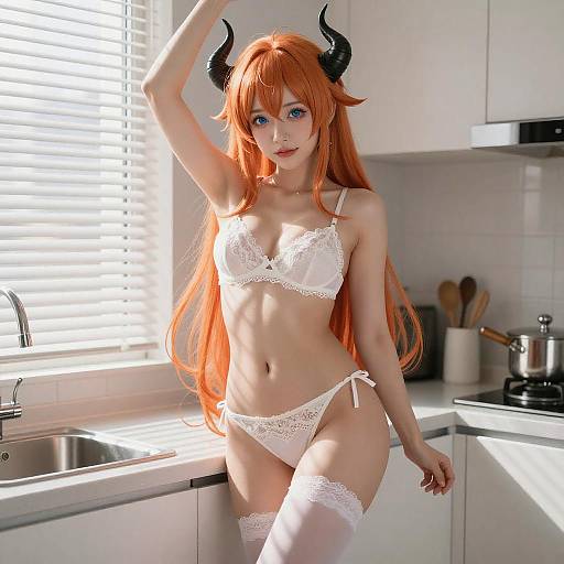 Anime Girl in White Lace Lingerie in Kitchen