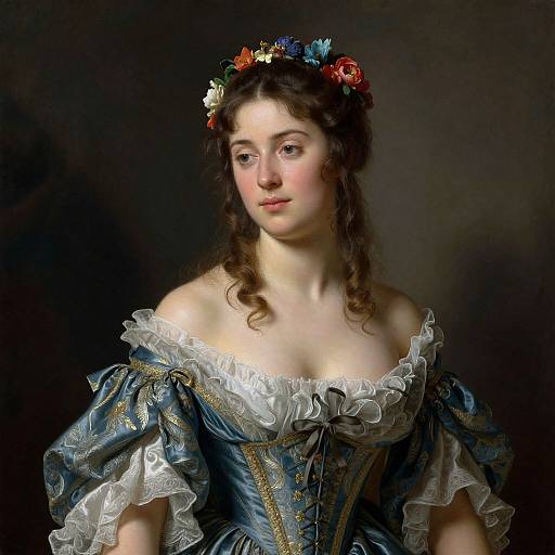 Baroque-style portrait of a young woman with fair skin, dark curly hair, wearing a blue and gold satin dress with white lace, floral crown,