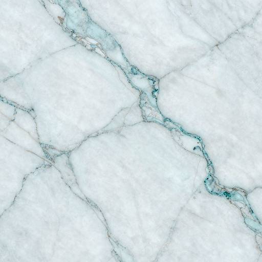 Photograph of a white marble surface with delicate, thin, teal and gray veining patterns crisscrossing across the entire image.