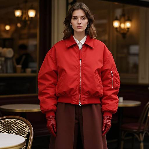 Fashion-Forward Woman in Red Bomber