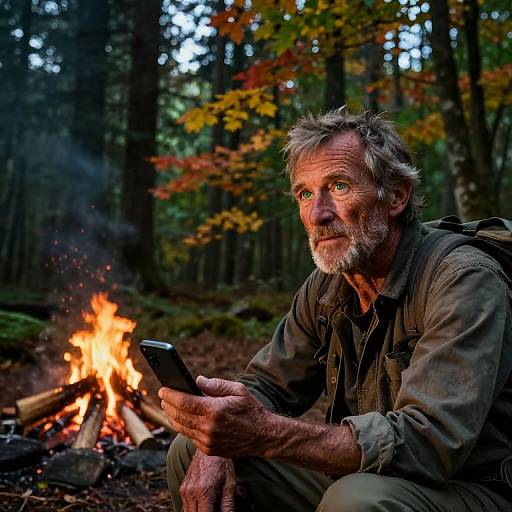 Photograph of a rugged, bearded man with gray hair, sitting by a campfire in a forest, using a smartphone, wearing a brown shirt