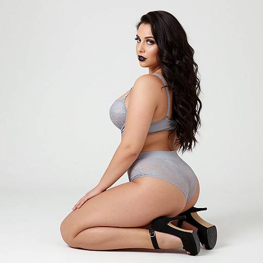 Photograph of a curvy woman with long black hair, wearing gray lace lingerie and black high heels, kneeling on white background.