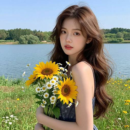 Photograph of an Asian woman with long, wavy brown hair, holding sunflowers and daisies, standing by a lake with lush greenery