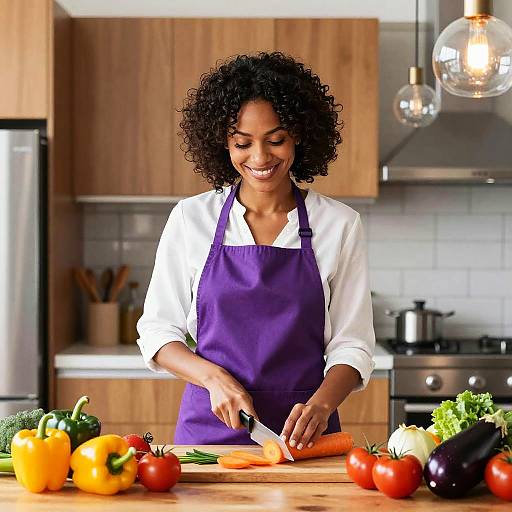 Photograph of a smiling Black woman with curly hair, wearing a white shirt and purple apron, chopping carrots in a modern kitchen with wooden cabinets and