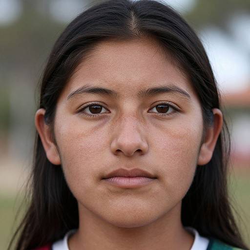 Close-up photograph of a young South Asian woman with straight black hair, brown eyes, and a neutral expression. Background is blurred greenery and white.
