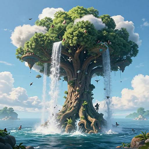 Fantastical digital artwork of a massive, leafy tree with twin waterfalls, set in a vibrant ocean scene with flying birds and lush greenery