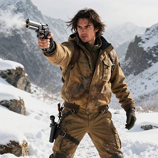 Photograph of a rugged, dark-haired man in a dirty brown winter outfit, pointing a handgun in a snowy mountain landscape.