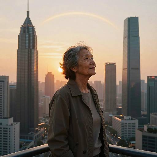 Elderly Woman in Futuristic Megalopolis