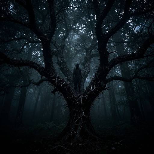 Mysterious silhouette of a person standing at the center of a dark, eerie forest, framed by a massive, gnarled tree with twisted branches.
