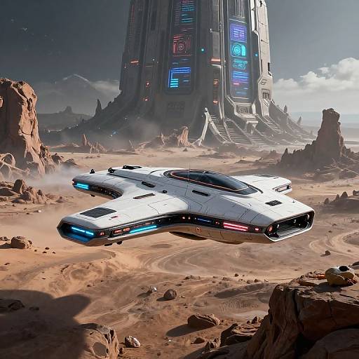 Neon-Lit Sci-Fi Cruiser Over Alien Terrain