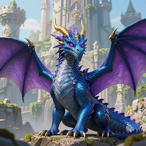 Digital illustration of a blue dragon with purple wings and golden horns, standing on a rocky outcrop in front of a castle. Bright sunlight illuminates its
