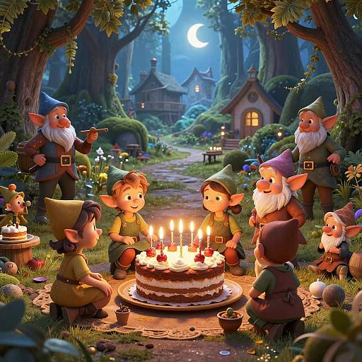 Whimsical digital painting of seven small, pointy-eared elves celebrating a birthday with a candlelit cake in a moonlit forest.