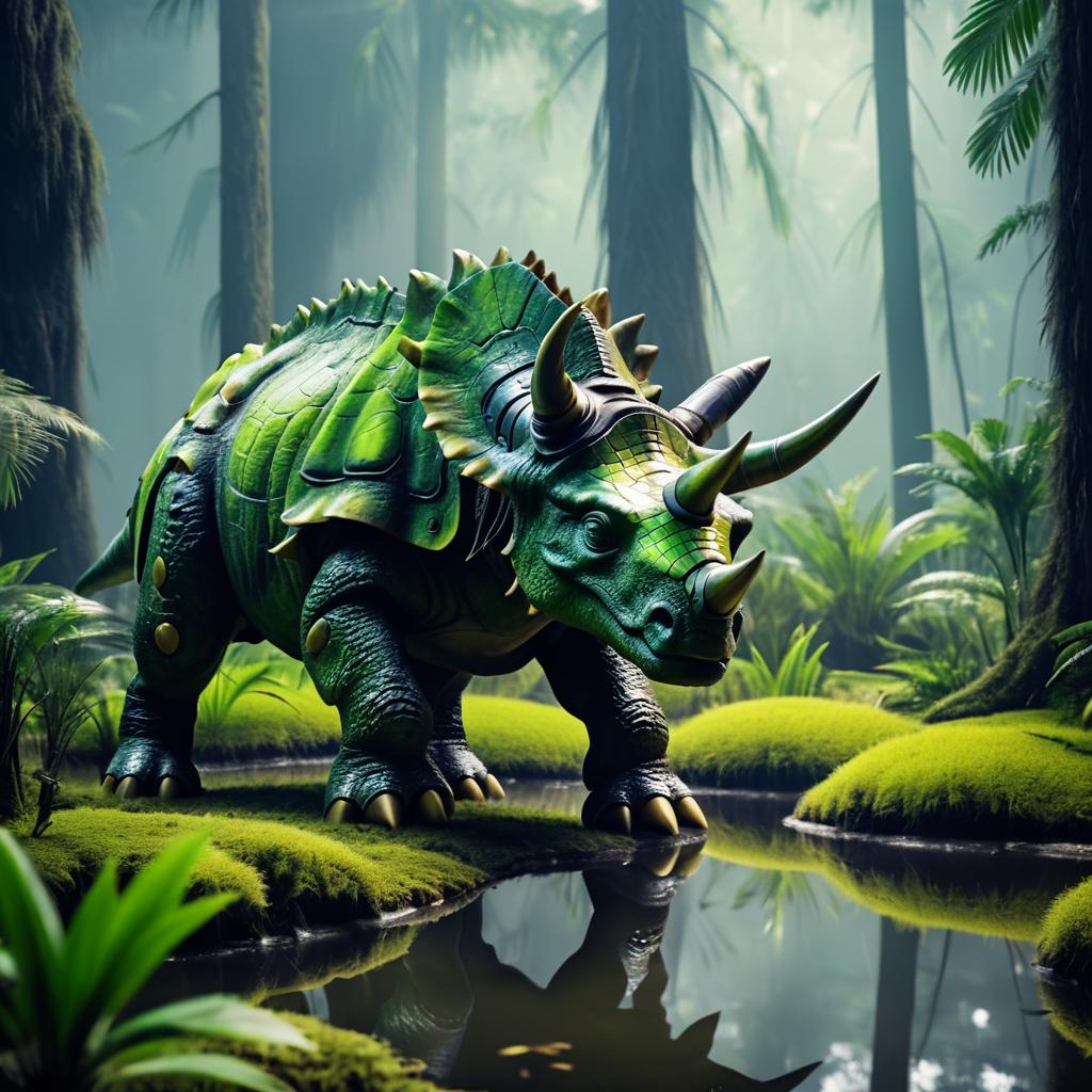 Robotic Triceratops in Ancient Swamp