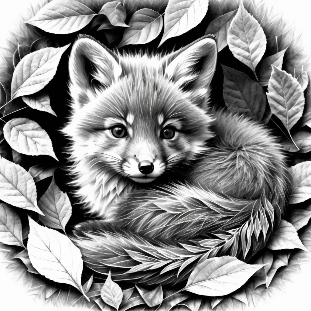 Detailed Pencil Sketch of a Baby Fox Kit