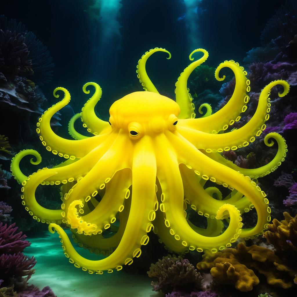 Giant Yellow Glowing Octopus Underwater