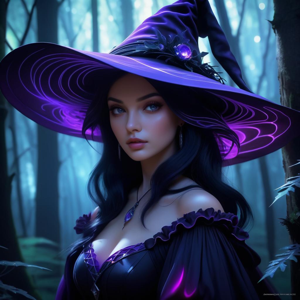 Enchanting Witch in Dark Forest Scene