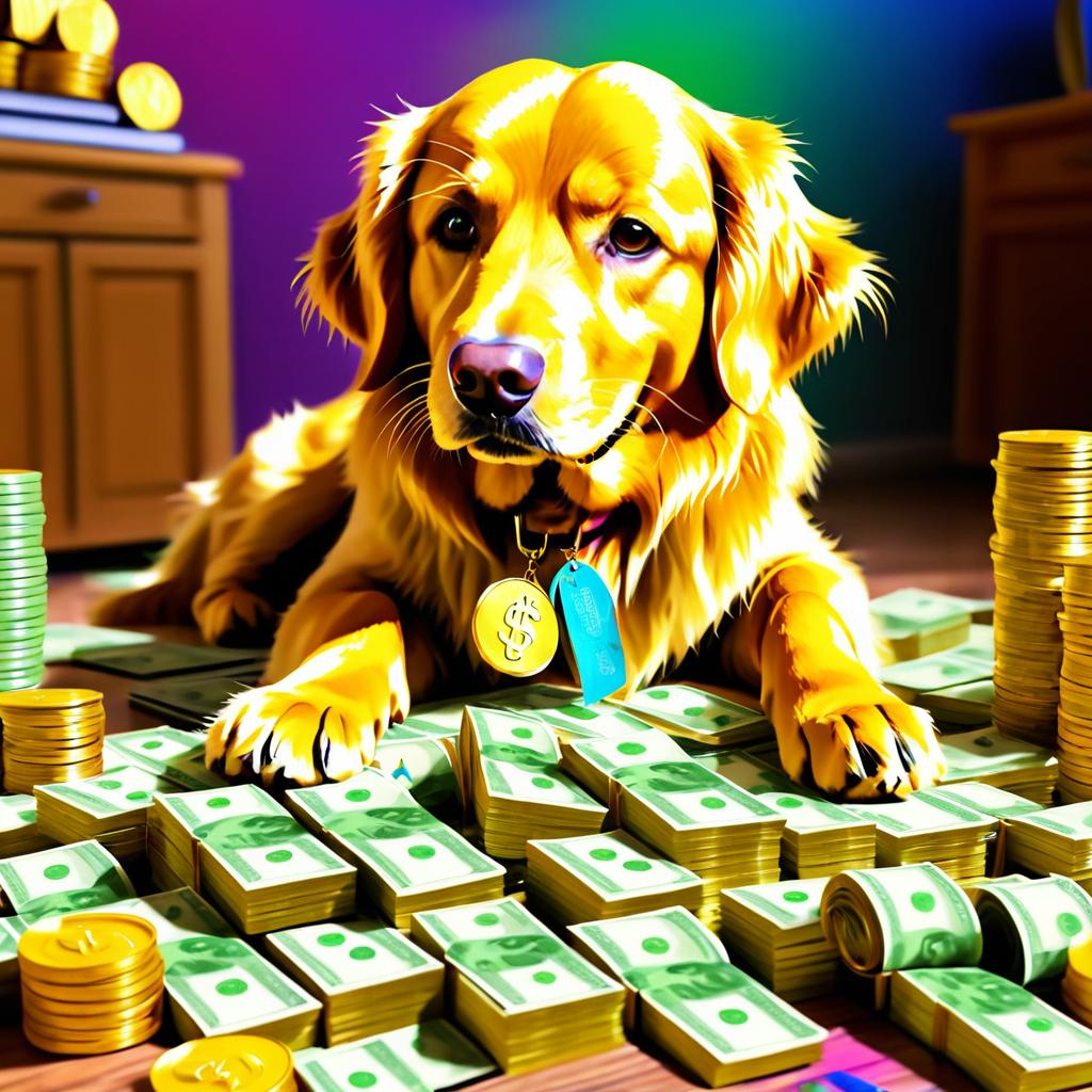 Golden Retriever Counting Money Portrait