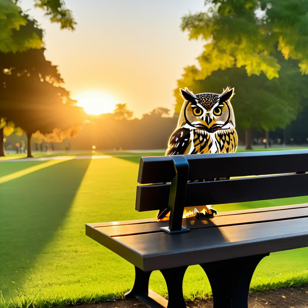 Wise Owl Gazing at Sunset on Bench