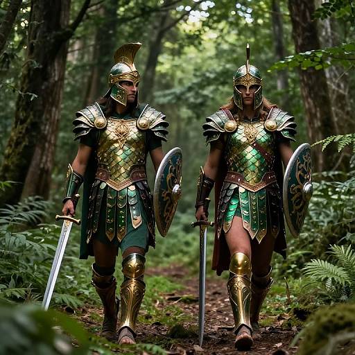 Photorealistic digital image of two muscular, armored Greek warriors with gold helmets, shields, and green-gilded armor walking through a dense, sunlit