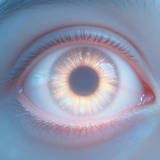 Close-up photograph of a bright blue-gray eye with sunlight reflecting off the iris, surrounded by delicate eyelashes and subtle red undertones.