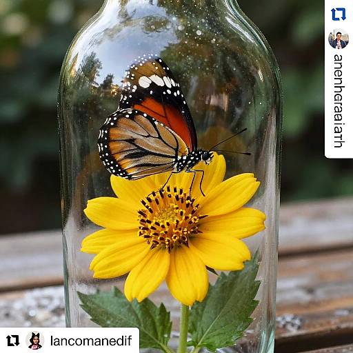 Photograph of a vibrant yellow flower with a monarch butterfly perched on it, enclosed in a clear glass jar, set on a wooden surface with a