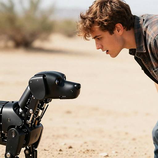 Young Man and Robotic Dog Encounter