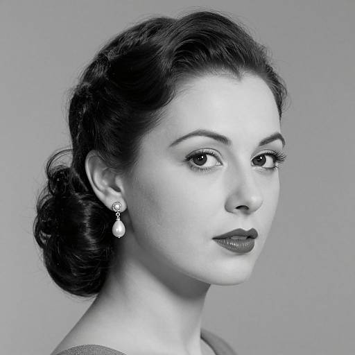 Black-and-white photograph of a beautiful woman with dark, wavy hair in an elegant updo, wearing pearl drop earrings, and dark lipstick, g