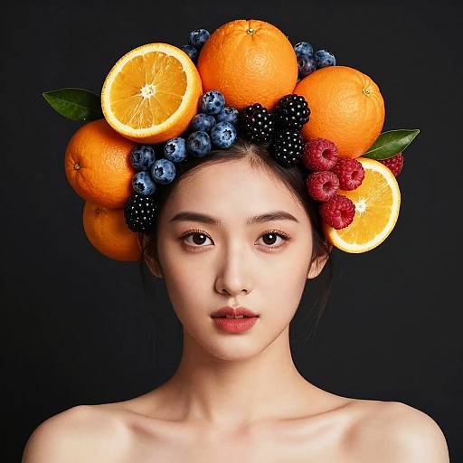 Portrait of Woman with Vibrant Fruit Headdress