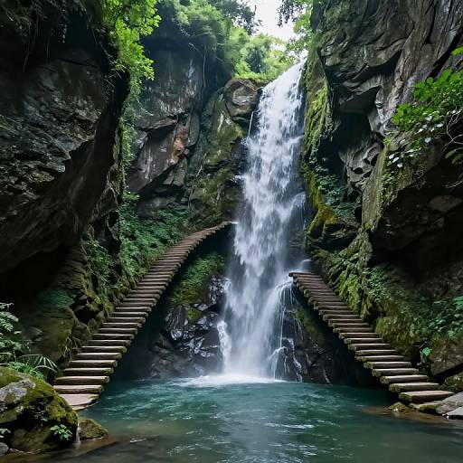 Photograph of a lush, rocky waterfall with two arched, moss-covered staircases on either side, cascading into a serene, turquoise pool.