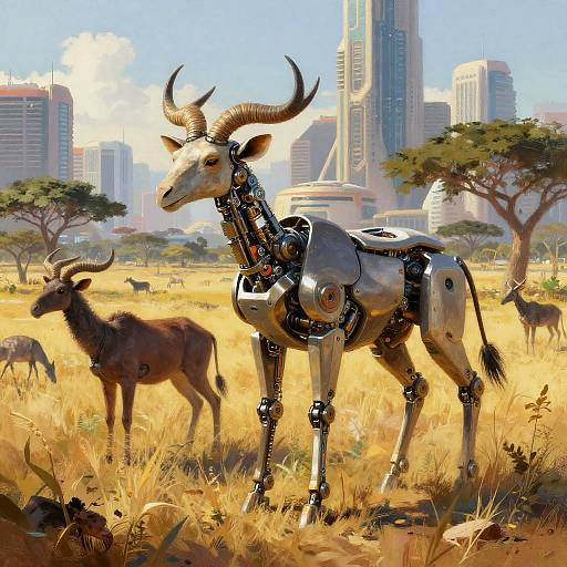 Digital artwork of a robotic, cybernetic antelope with horns standing in a sunny, grassy savanna with natural antelopes, modern skys