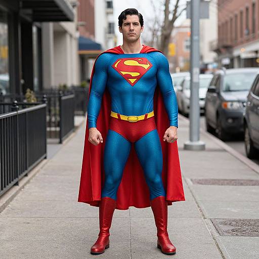 Man in Superhero Cape on Sidewalk