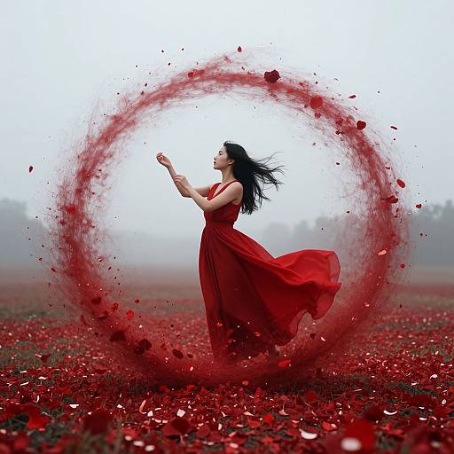 Photograph of a woman in a flowing red dress, standing in a red rose field, with a swirling red petal vortex behind her.