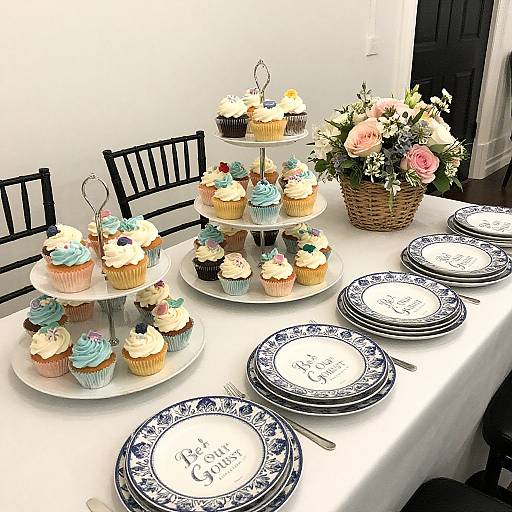 Photograph of a tiered cupcake stand with blue and white frosted cupcakes, floral arrangement, and blue-patterned plates on a white table.