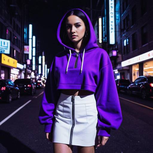 Woman in Purple Hoodie on Neon-Lit City Street