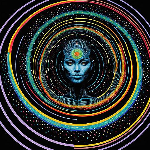 Alien Woman in Fibonacci Spiral with Neon Abstract Elements
